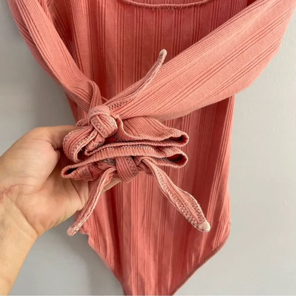 Free People | Women’s Move On Bodysuit Mooncake Pink Ribbed Long Sleeve Bow Cuff